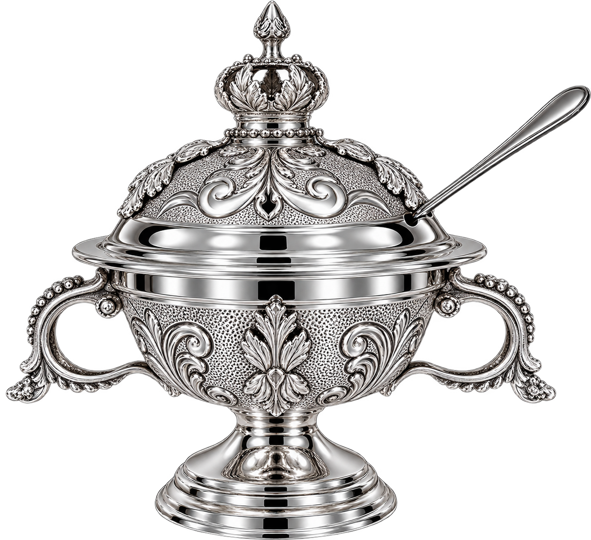 Luxury Silver-Dipped Honey Dish with Crown Lid and Serving Spoon