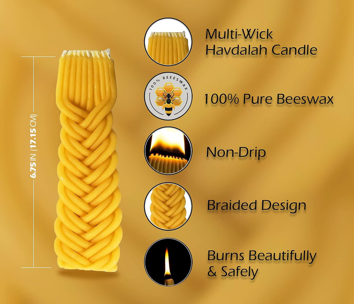 Braided Beeswax Hawdala Candle – Hand Beeswax Drained with Extra Thick Elegant Tongs