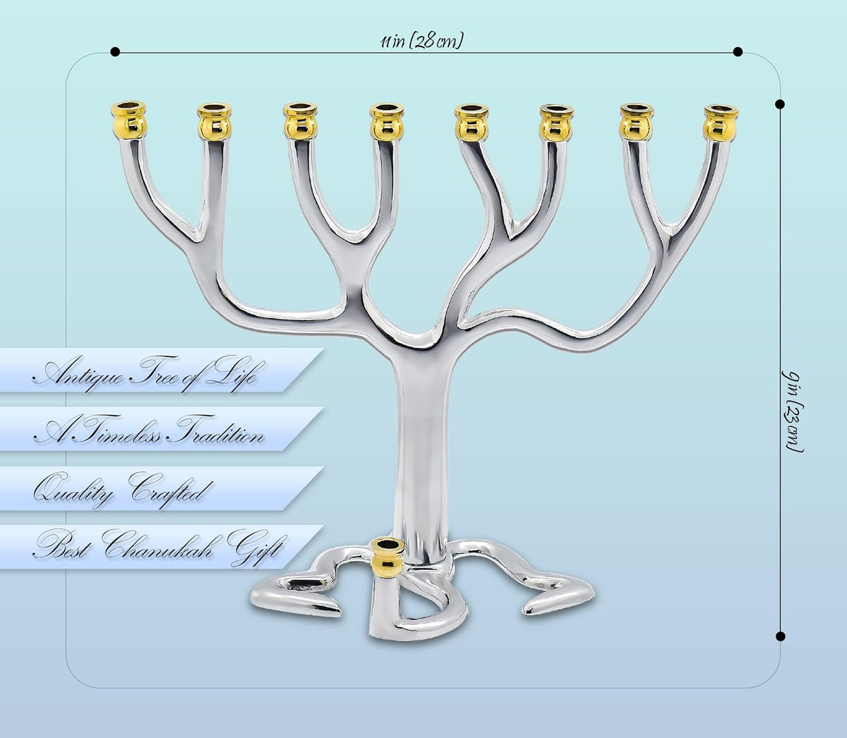 Silvertone Tree Of Life Candle Menorah - Gold Tip
