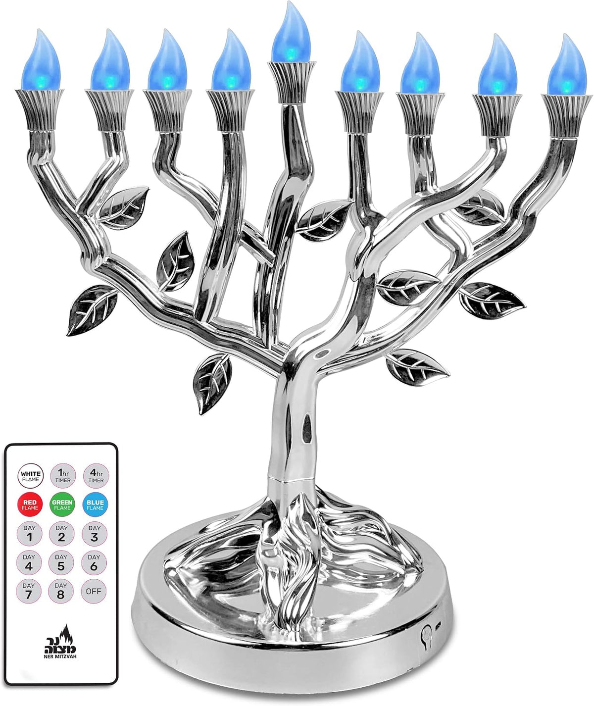 NER MITZVAH TREE OF LIFE LED SILVER MENORAH, 12 IN