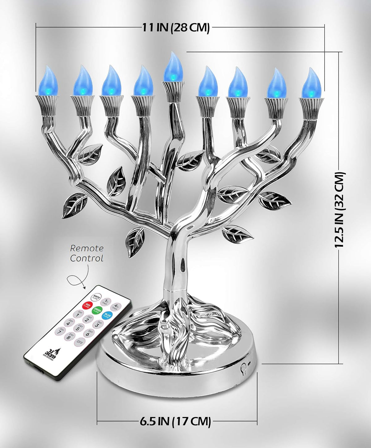 NER MITZVAH TREE OF LIFE LED SILVER MENORAH, 12 IN