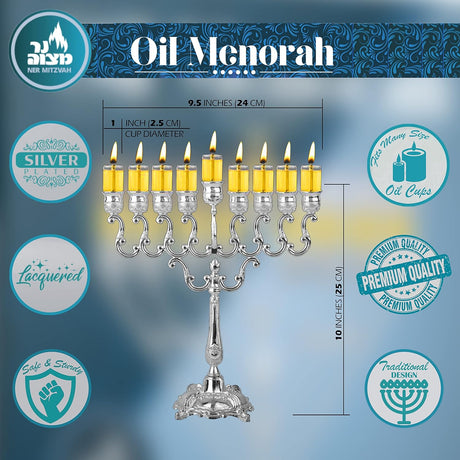 Silver Plated Oil Menorah - Fits Standard Chanukah Oil Cups and Large Candles - Olive Branches