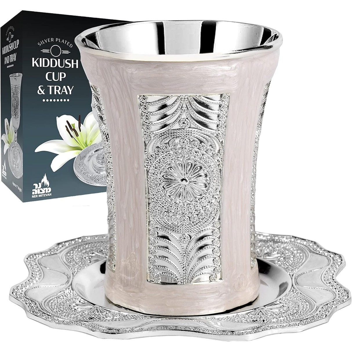 Kiddush Cup and Tray - Premium Quality Marble and Silver Plated Wine Cup