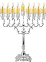 Silver Plated Oil Menorah - Fits Standard Chanukah Oil Cups and Large Candles - Olive Branches