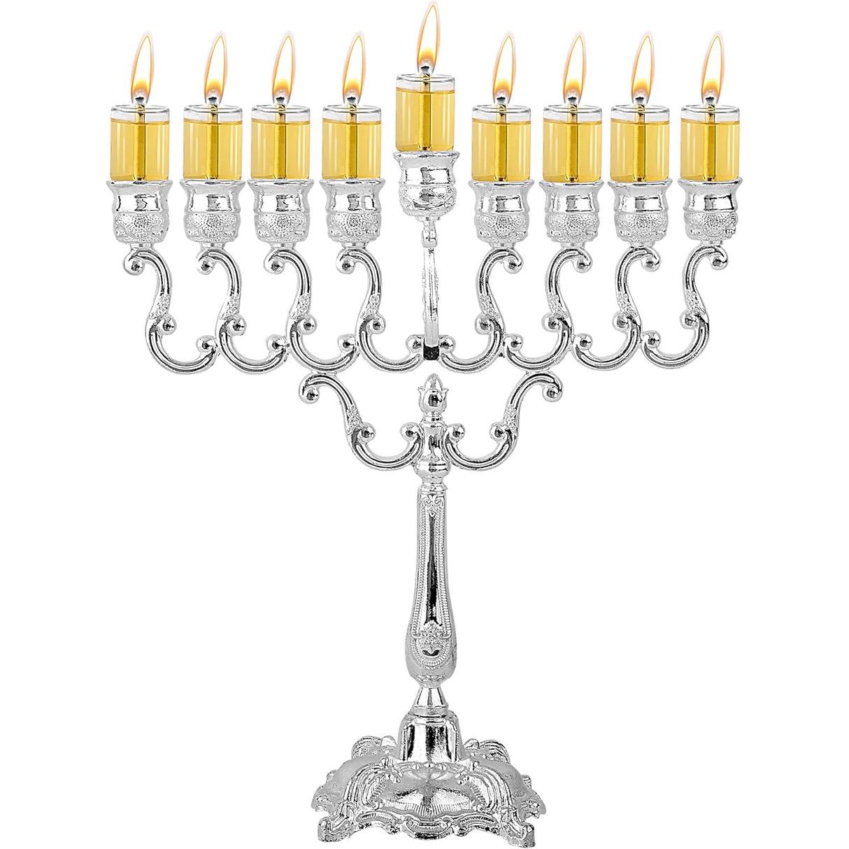 Silver Plated Oil Menorah - Fits Standard Chanukah Oil Cups and Large Candles - Olive Branches