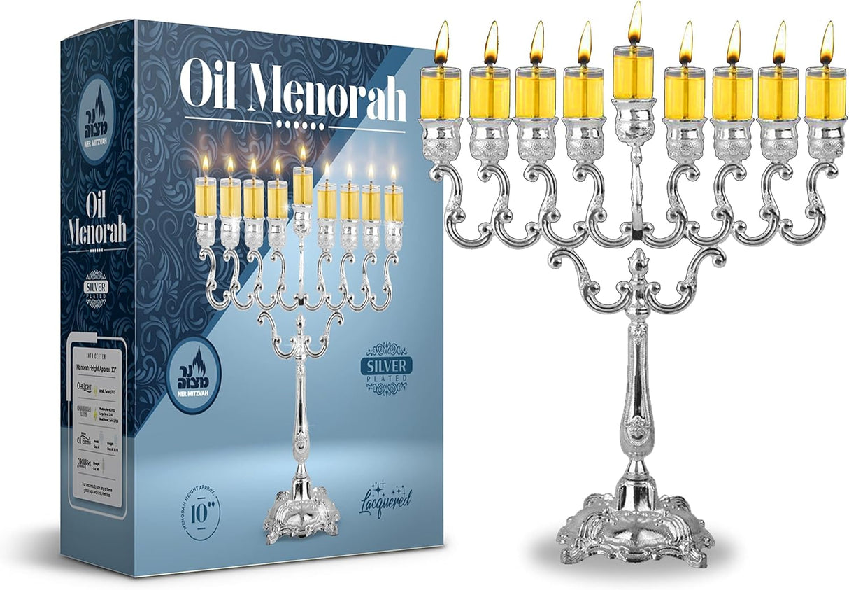 Silver Plated Oil Menorah - Fits Standard Chanukah Oil Cups and Large Candles - Olive Branches