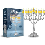 Silver Plated Oil Menorah - Fits Standard Chanukah Oil Cups and Large Candles - Olive Branches