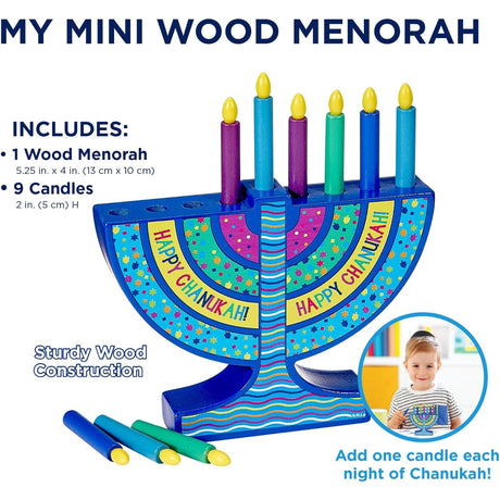 Mini Wood Menorah with Removable Wood Candles - Colorful Chanukah Menorah for Kids