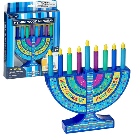 Mini Wood Menorah with Removable Wood Candles - Colorful Chanukah Menorah for Kids