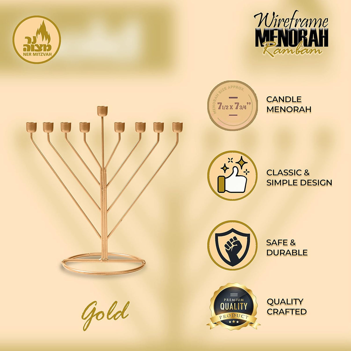 Candle Menorah Gold Rambam Wireframe