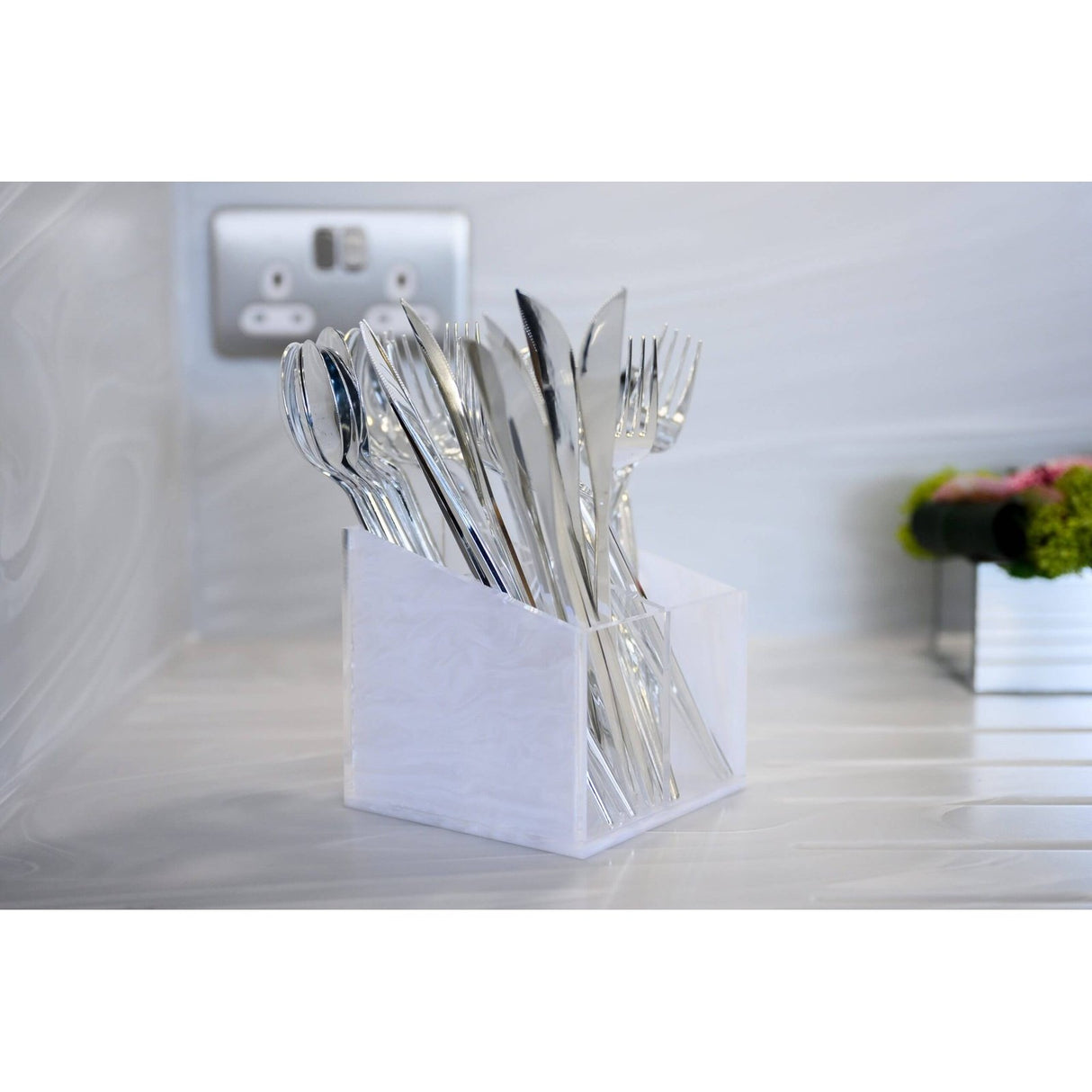 Multi Purpose Organiser - Acrylic Cutlery Holder White Pearl