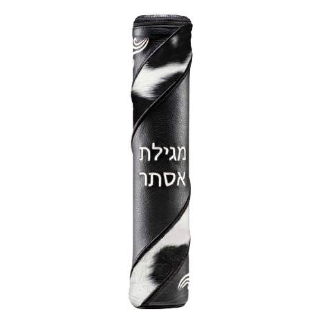 Black Leather Megillah Holder, with Black and White Fur and Silver Embroidery