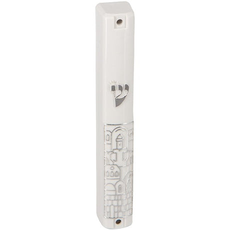 Plastic Mezuzah With Rubber Cork 12 Cm-white With Silver "jerusalem"