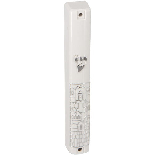 Plastic Mezuzah With Rubber Cork 12 Cm-white With Silver "jerusalem"