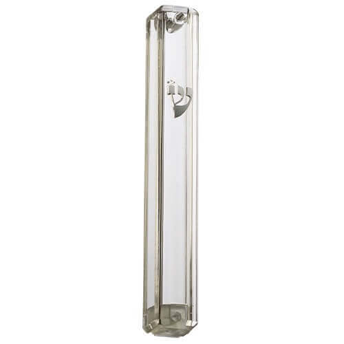 Transparent Plastic Mezuzah With Rubber Cork 12 Cm- With Silver Shin