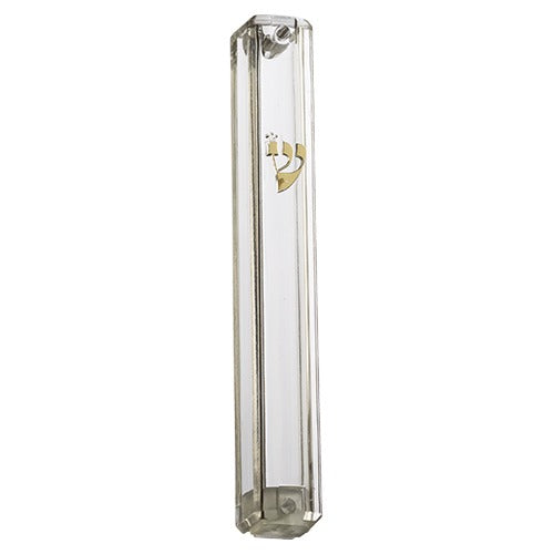 Transparent Plastic Mezuzah With Rubber Cork 12 Cm - With Gold Shin (28281)