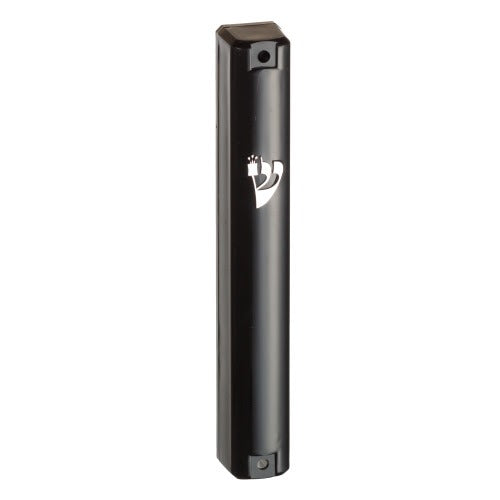 Plastic Black Mezuzah With Rubber Cork 7 Cm- With Silver Shin