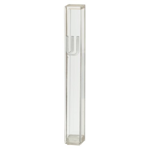 Plastic Mezuzah- Clear with Rubber Cork 12 cm with The Letter Shin