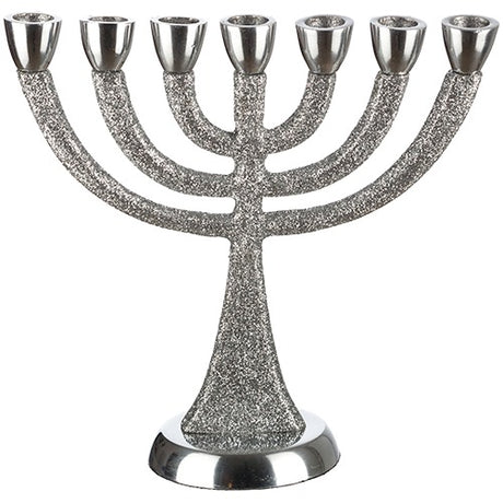 An Elegant Aluminum 7 Branches Menorah With Silver Glitter Coating 13.5 Cm- Small