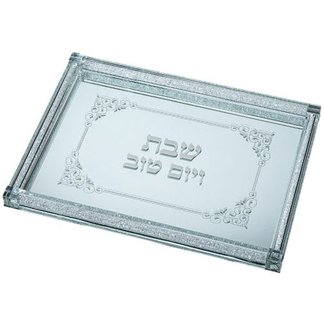 GLASS CHALLAH TRAY WITH STONES 40X30 CM