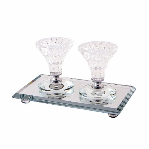 Pair Elegant crystal candlesticks 8cm with elegant tray