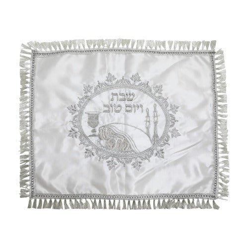 Satin Challah Cover With Round Silver & White Embroidery 48x58 Cm