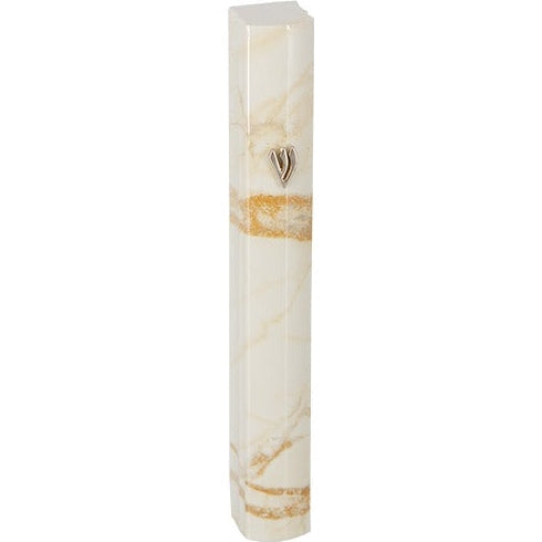 Aluminium Mezuzah 10cm- 3d Painted Off-white Marble Design With "shin"