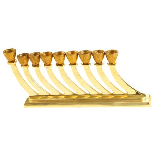 An Elegant Gold Aluminium Hammered Menorah With Gold Glitter Coating Branches - 32 Cm