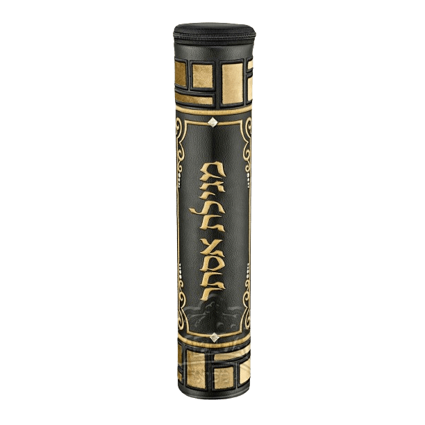 Black Leather Megillah Holder, with Beige Velvet and Black and Gold Embroidery