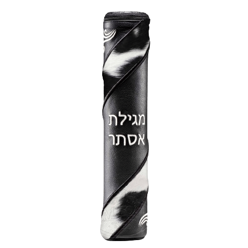 Black Leather Megillah Holder, with Black and White Fur and Silver Embroidery