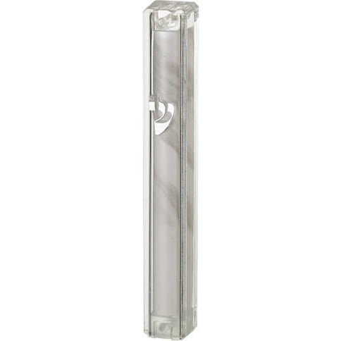 Clear Plastic Mezuzah 15 cm with Rubber Plug- White Marble