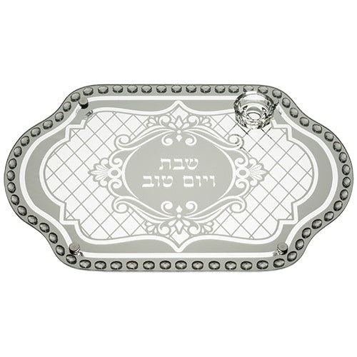 Elegant Glass Challah Tray with Saltie Laid with Stones 7X45X30 cm