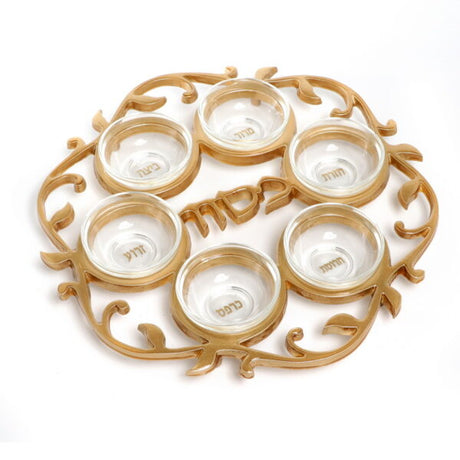 Passover/Pesach Kaarah Platter/Tray Aluminium - Gold Rim With Glass Plates
