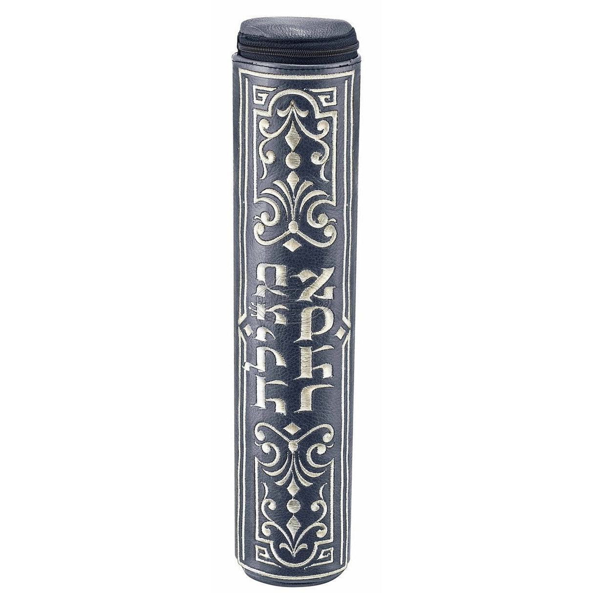 Leather Grey Megillah Tube #334, Silver Embroidery, 32 CM