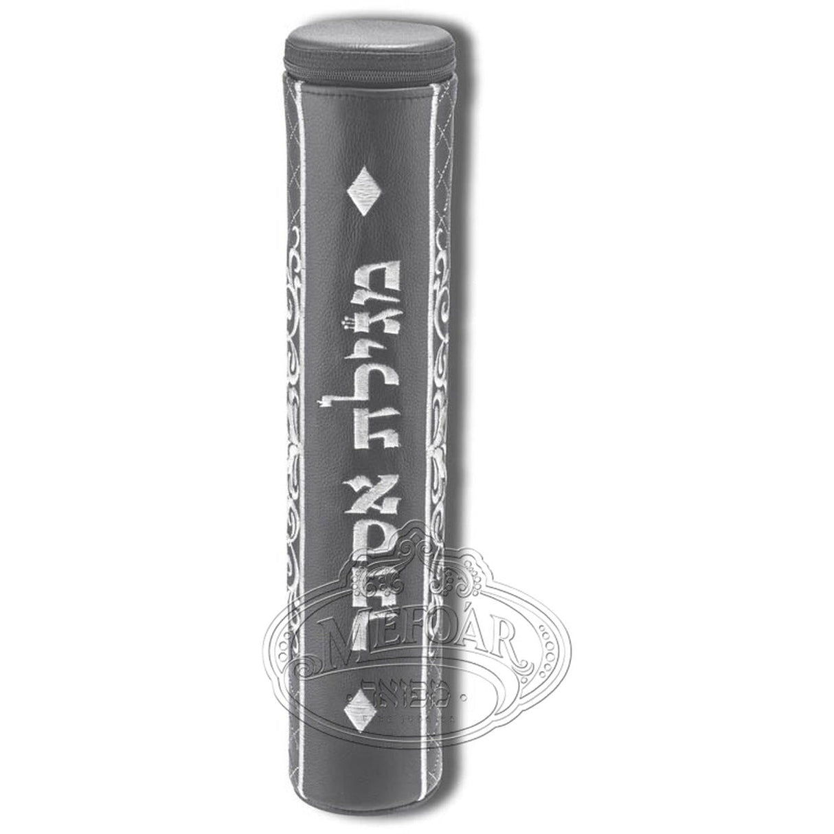 Leather Grey Megillah Tube #335, Silver Embroidery 42 CM