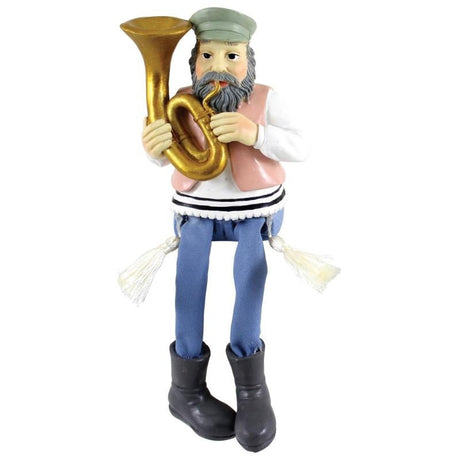 Multicolored Polyresin Sitting Hassidic Figurine With Light Blue Cloth Legs 18 Cm - Tuba Player