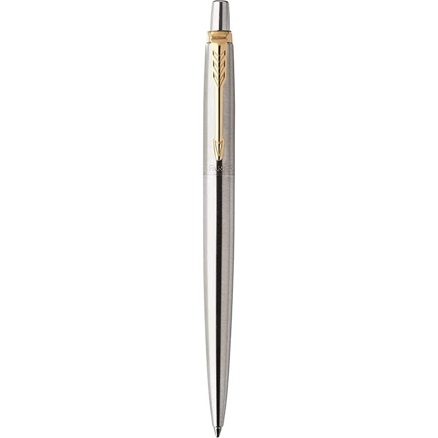 Parker 1953182 Jotter Ballpoint Pen, Stainless Steel with Gold Trim, Medium Point Blue Ink, Gift Box