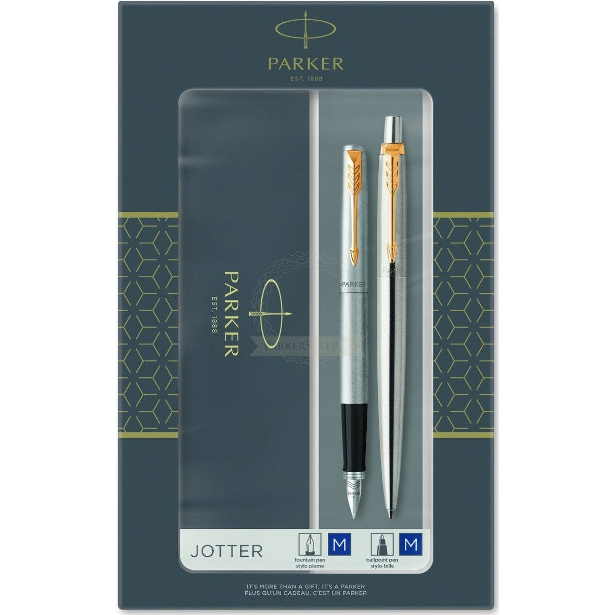Parker Jotter Stainless Steel Chrome Color Trim GT T2016 Fountain Pen + Ballpoint Pen in a Gift Box 2093257