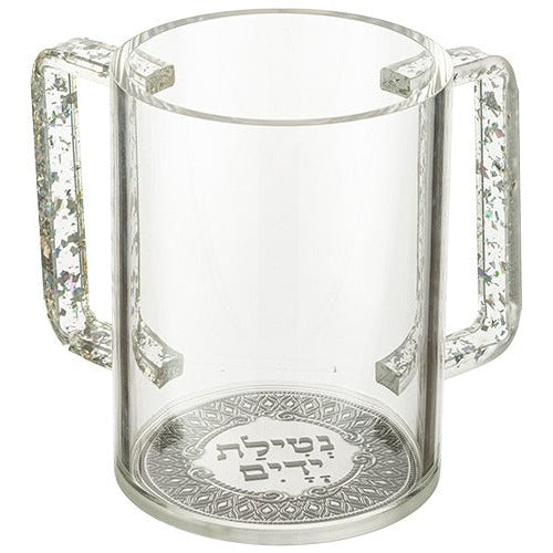 Perspex Clear Washing Cup 12 cm- Silver Glitter Handles with Plaque