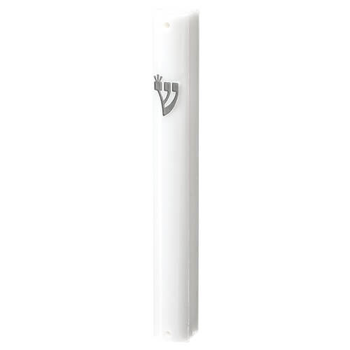 Plastic Mezuzah With Screw 12cm- White With Silver Shin