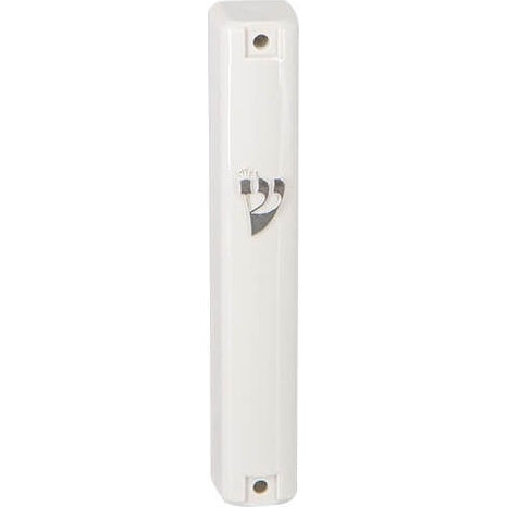 Plastic White Mezuzah With Rubber Cork 15 Cm - With Silver Shin 28950