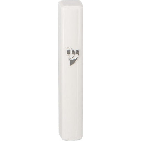 Plastic White Mezuzah with Rubber Cork 15cm- with the letter Shin - Without Holes