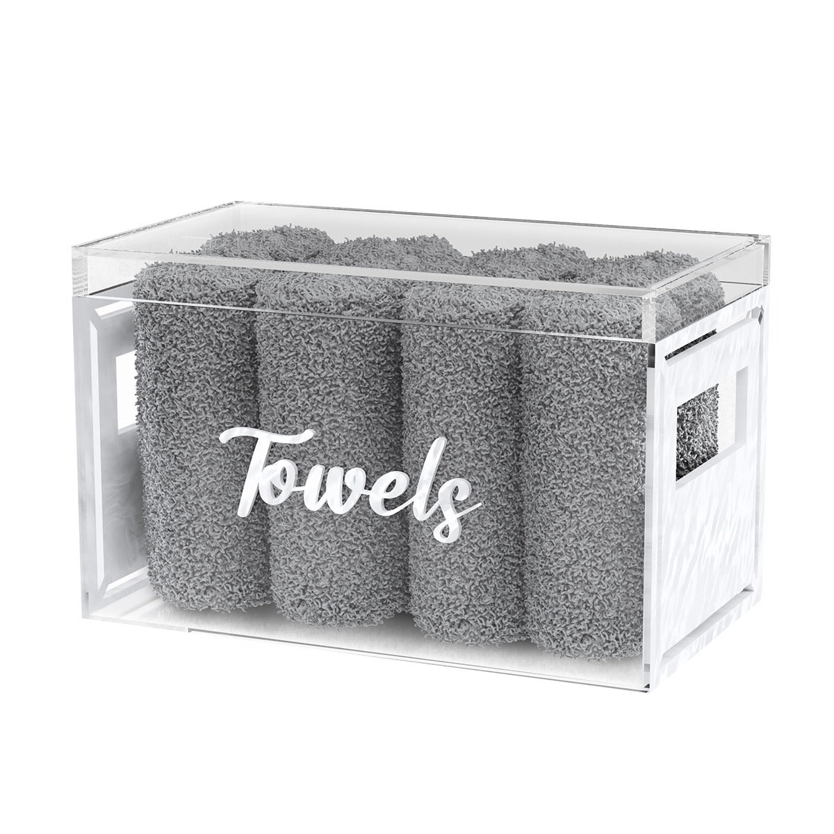 Towel Box with Grey Towels, White Pearl