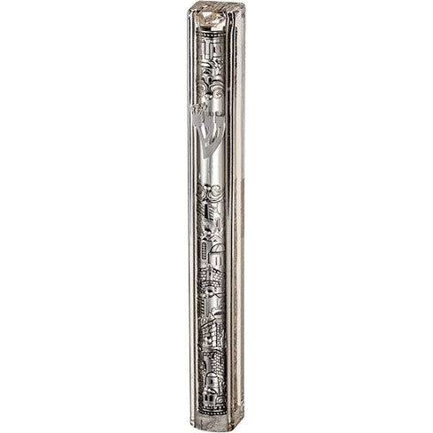 Transparent Plastic Mezuzah With Rubber Cork 15 Cm- With The Letter Shin And Plaque