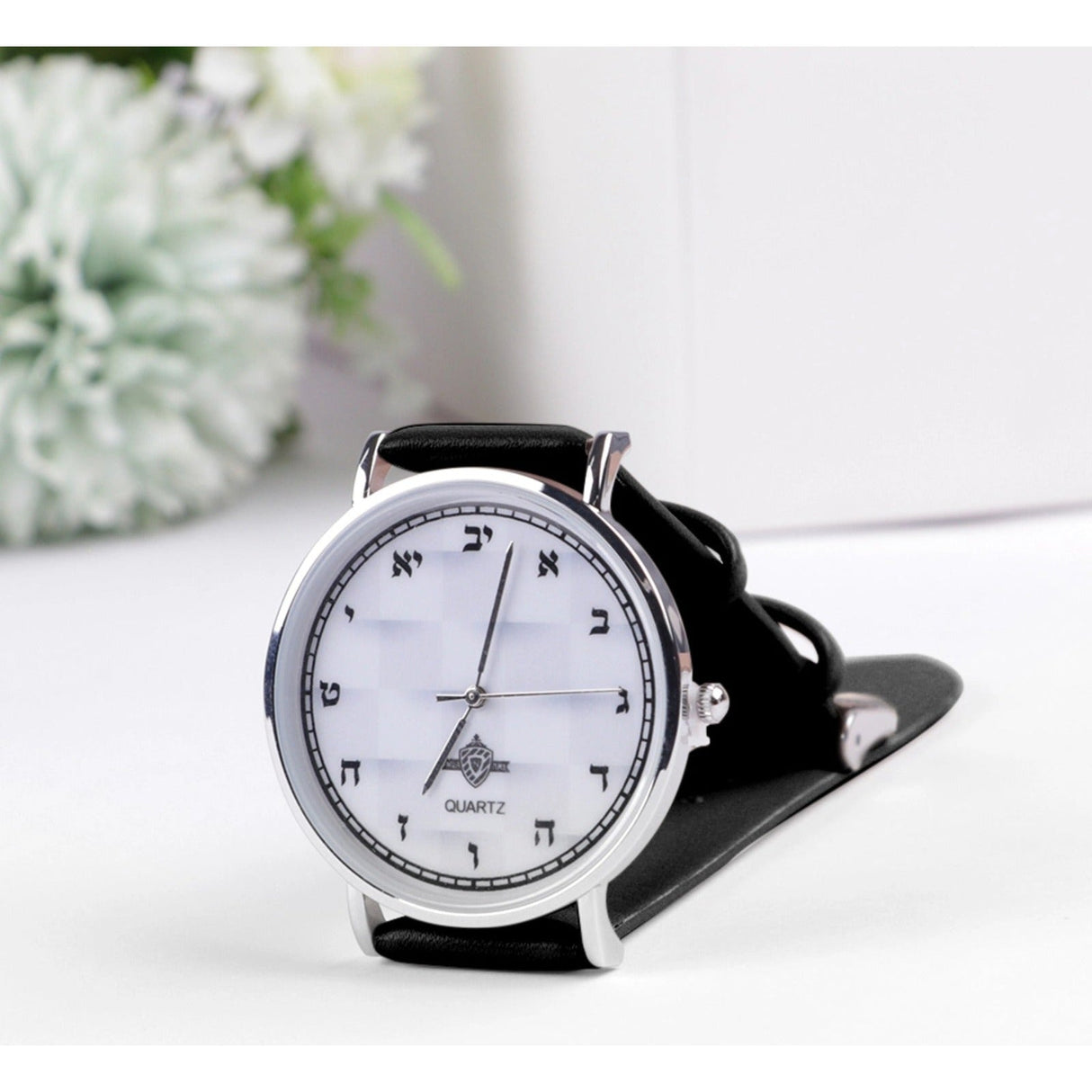 "Watch With Aleph Bais" Black Handle Black 'N White Face Silver Rim